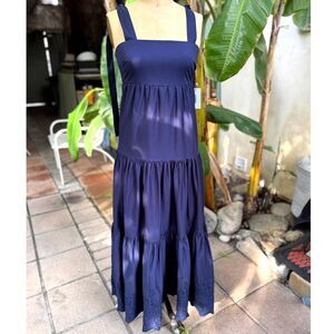 NWT Jason Wu Navy Cotton Square Neck Tiered Embroidered Hem Maxi Dress Size XS